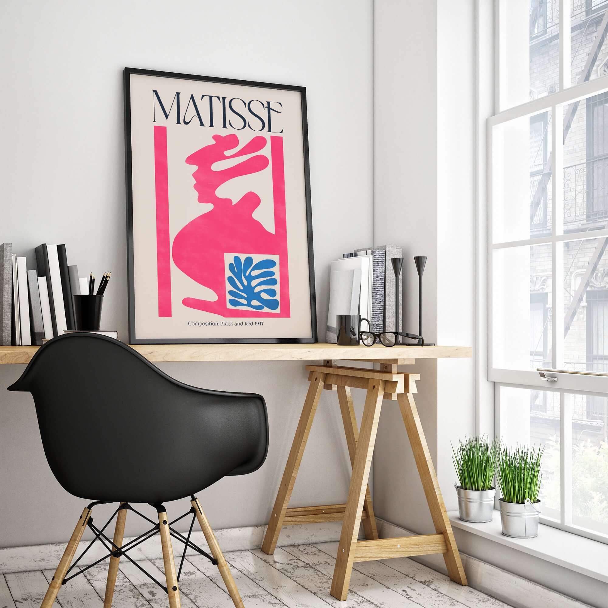 Matisse Art Print Composition Pink Blue Abstract Cut Out Print 1947 displayed on a stylish workspace wall.