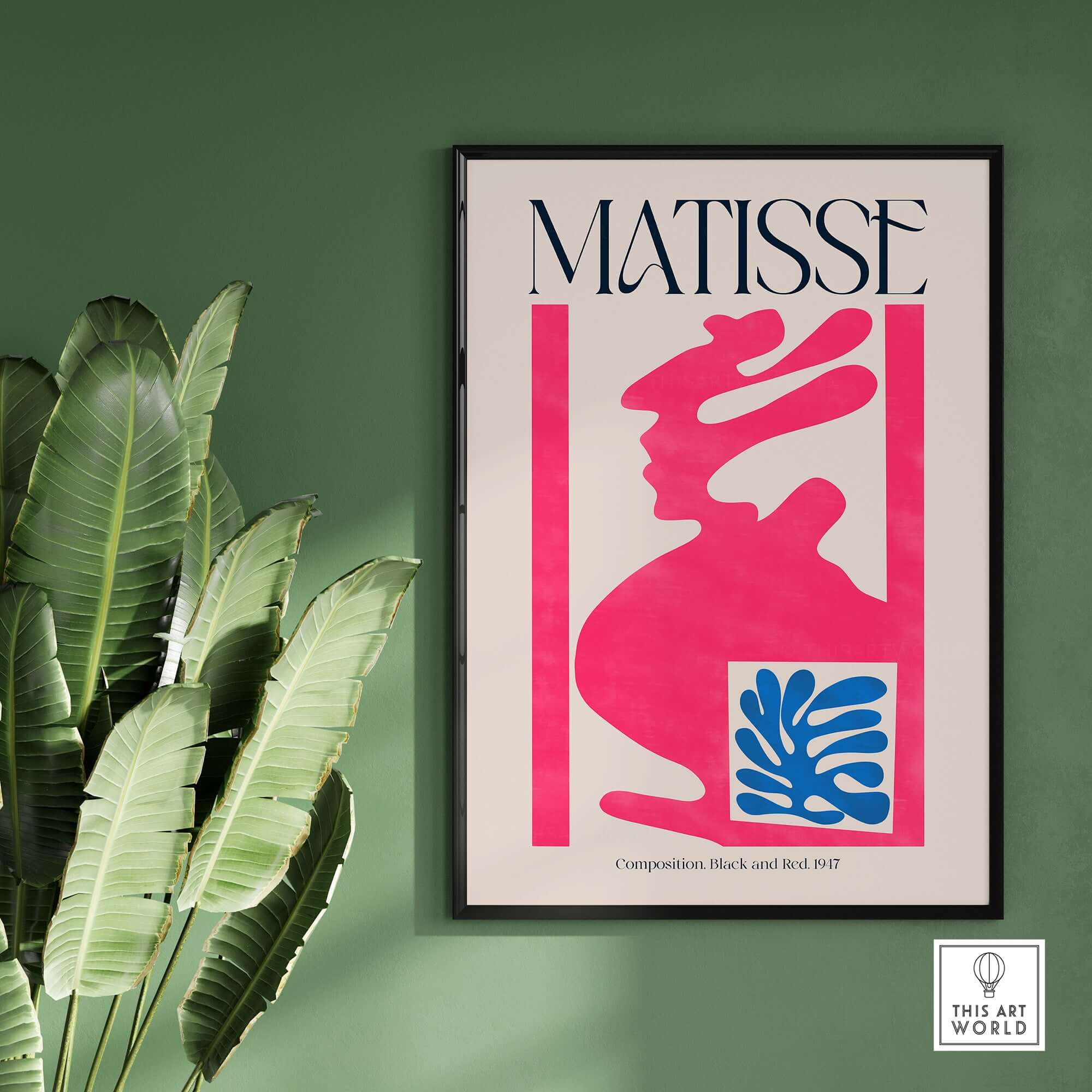 Matisse Art Print Composition Pink Blue Abstract Cut Out Print 1947 vibrant abstract poster on green wall with plants