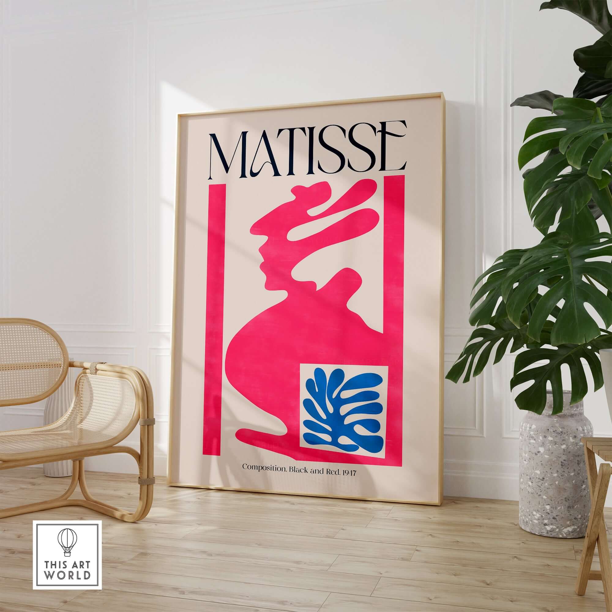 Matisse Art Print Composition Pink Blue Abstract Cut Out Print 1947 displayed in a stylish interior setting with plants.