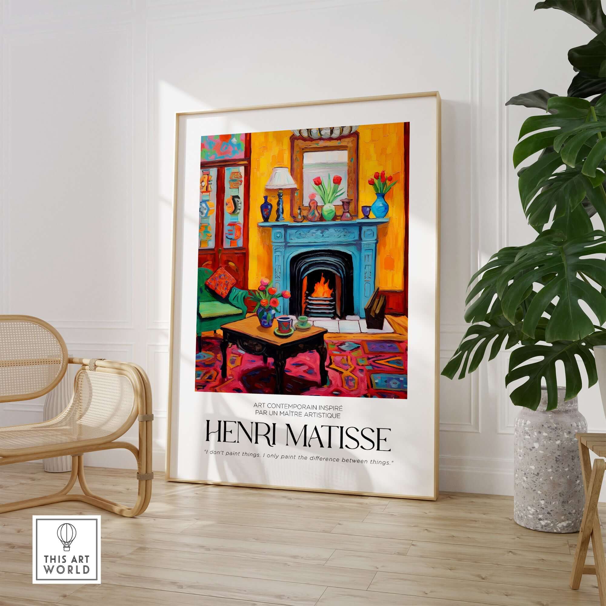 Matisse Art Prints - Cozy Fireplace Interior Poster displayed in a bright living room with colorful decor and a warm fireplace.