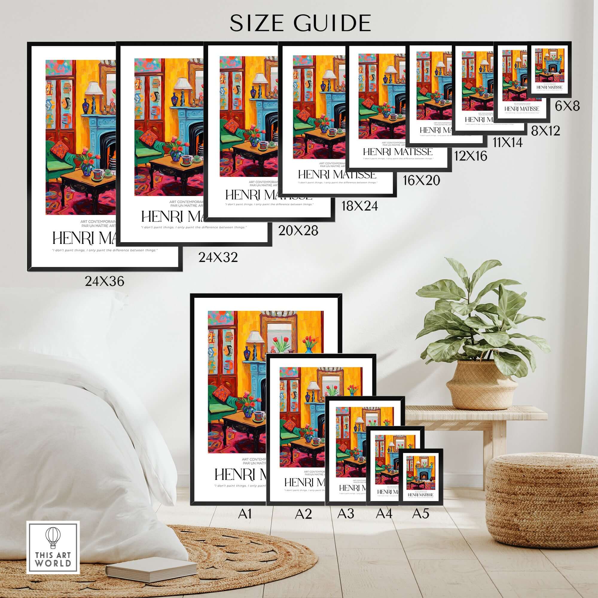 Matisse Art Prints - Cozy Fireplace Interior Poster size guide with various frame sizes and a cozy interior art print display.