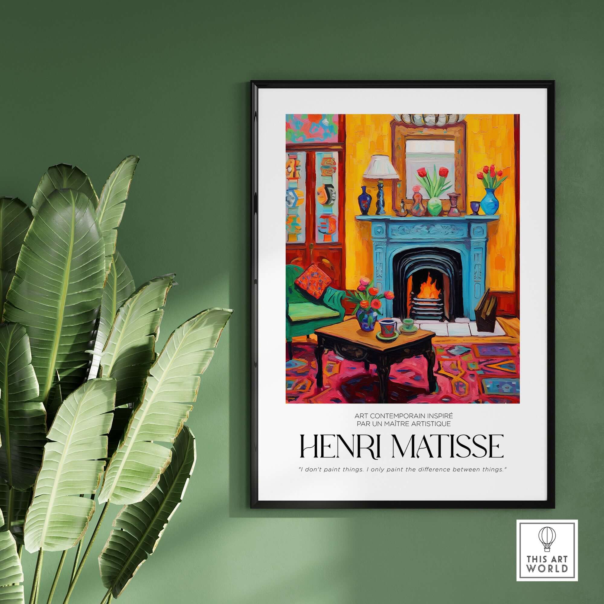 Matisse Art Prints - Cozy Fireplace Interior Poster showcasing a vibrant living room with a fireplace and colorful decor.