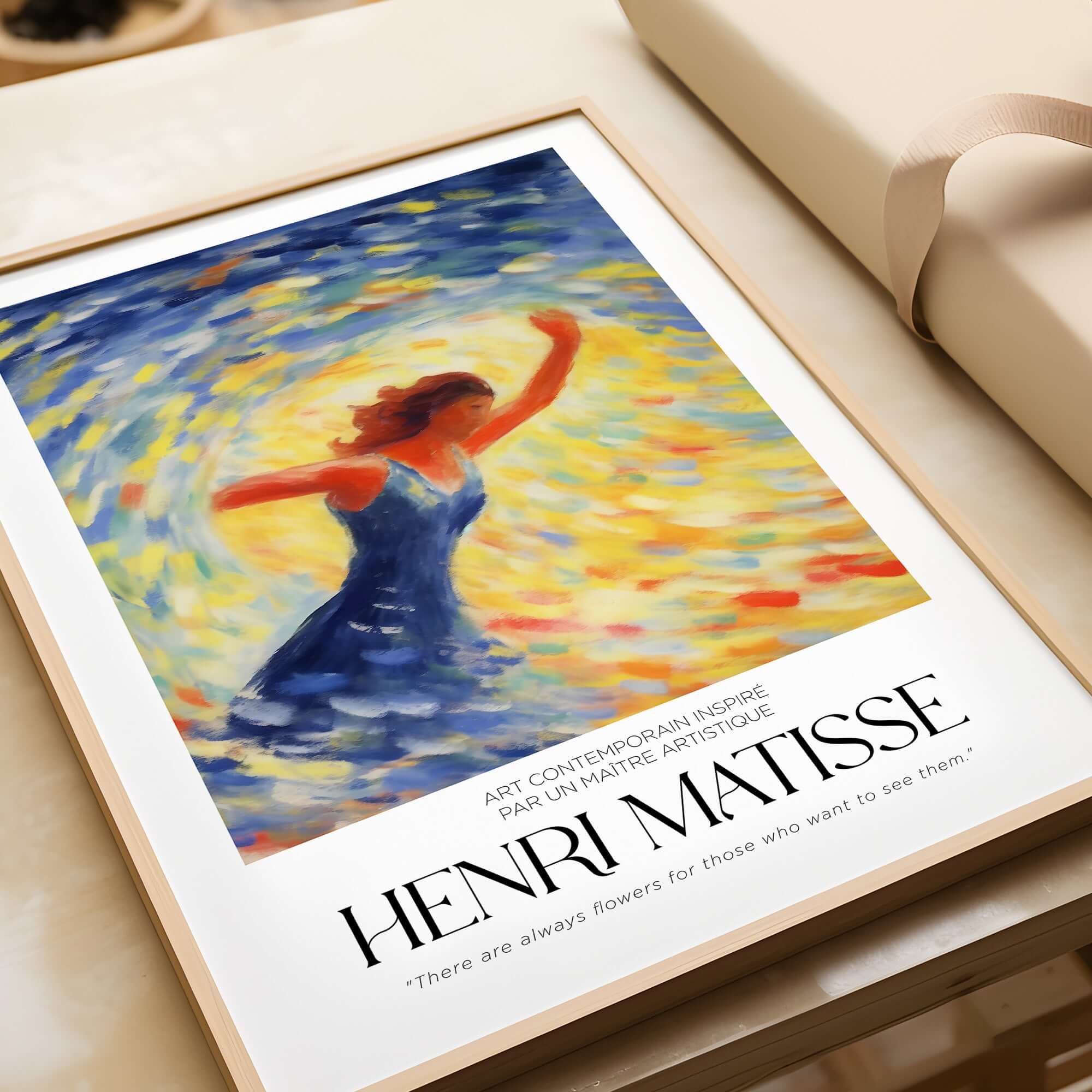 Matisse Art Prints - Dancing Figure Swirl Background Art Print featuring a dancer in blue against vibrant swirls.