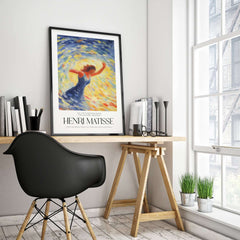 Matisse Art Prints - Dancing Figure Swirl Background Art Print displayed in a stylish modern home office setting.
