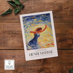 Matisse Art Prints - Dancing Figure Swirl Background Art Print featuring a vibrant dancer in blue against a colorful background.