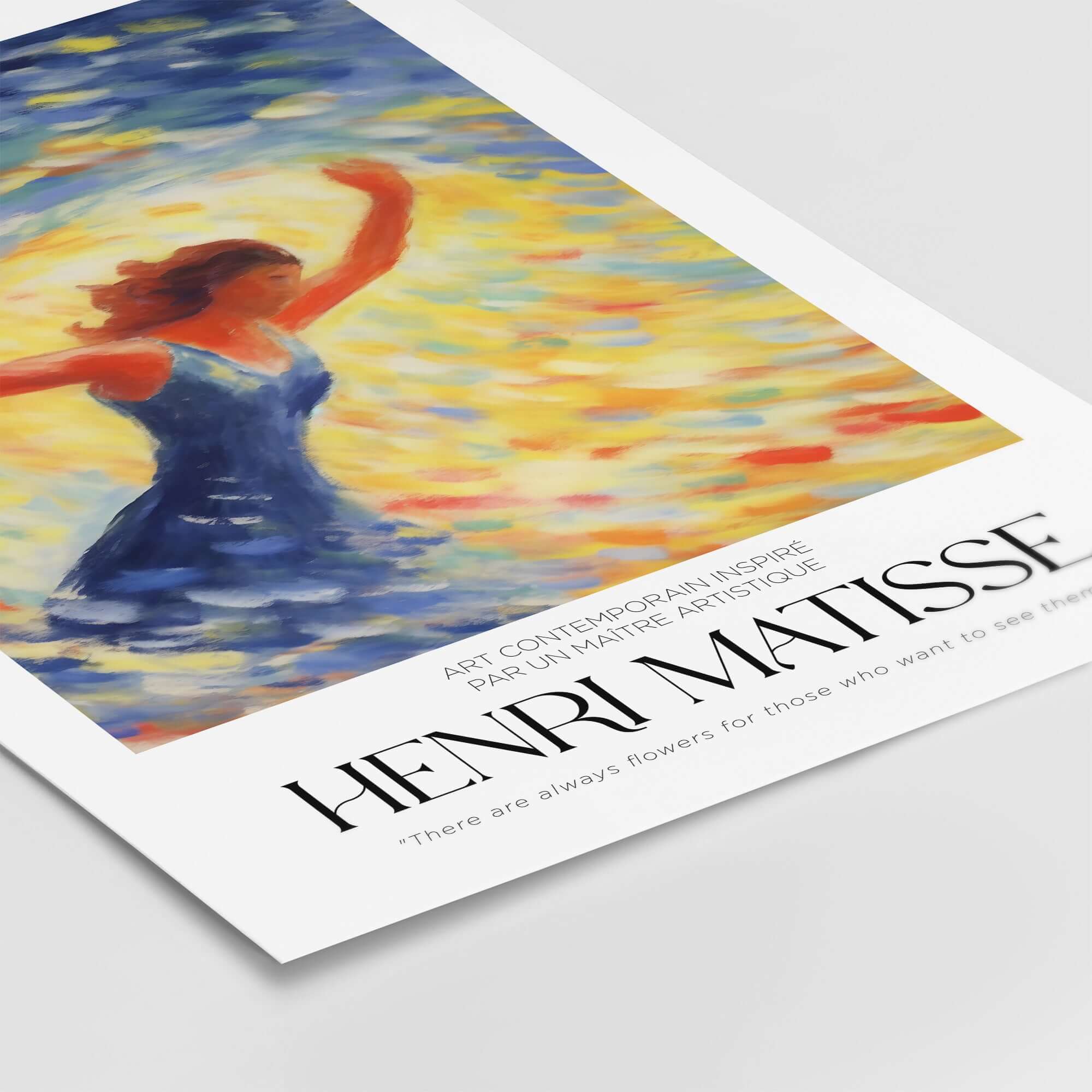 Matisse Art Prints - Dancing Figure Swirl Background Art Print featuring a figure in blue dress on a vibrant swirled background.