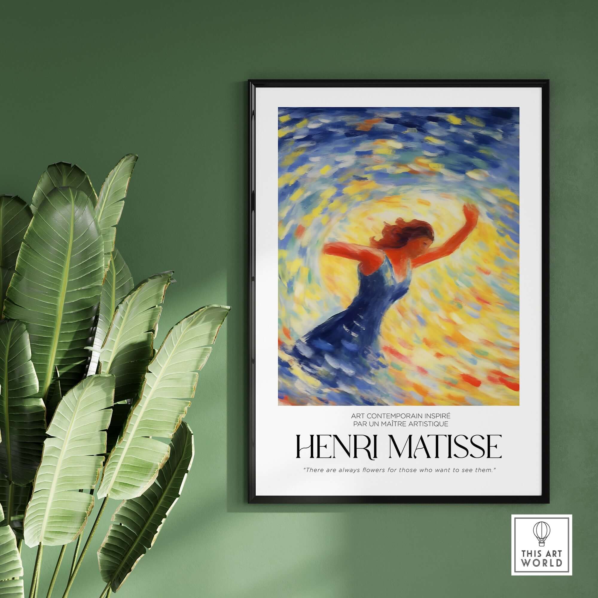 Matisse Art Prints - Dancing Figure Swirl Background Art Print framed wall art featuring a dancer in blue with vibrant swirl background.