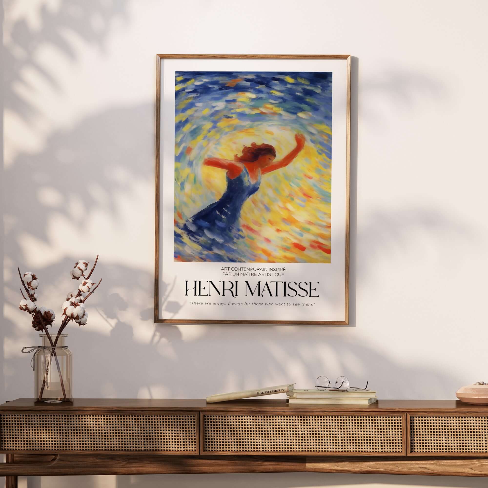 Matisse Art Prints - Dancing Figure Swirl Background Art Print featuring a dancer in a blue dress against a vibrant swirling background.