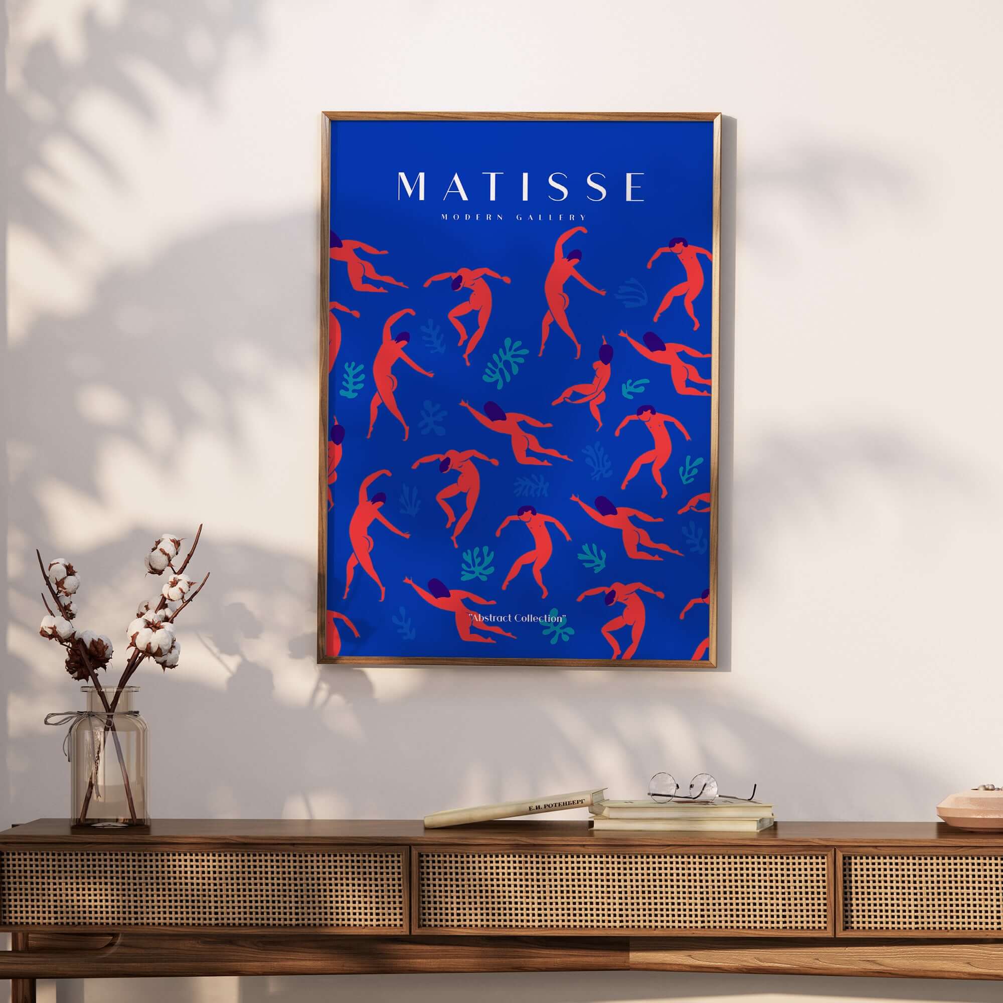 Matisse Art Prints -  Dancing Figures Pattern Red Blue Poster showcasing vibrant cut-out style with red dancing figures and teal leaves.