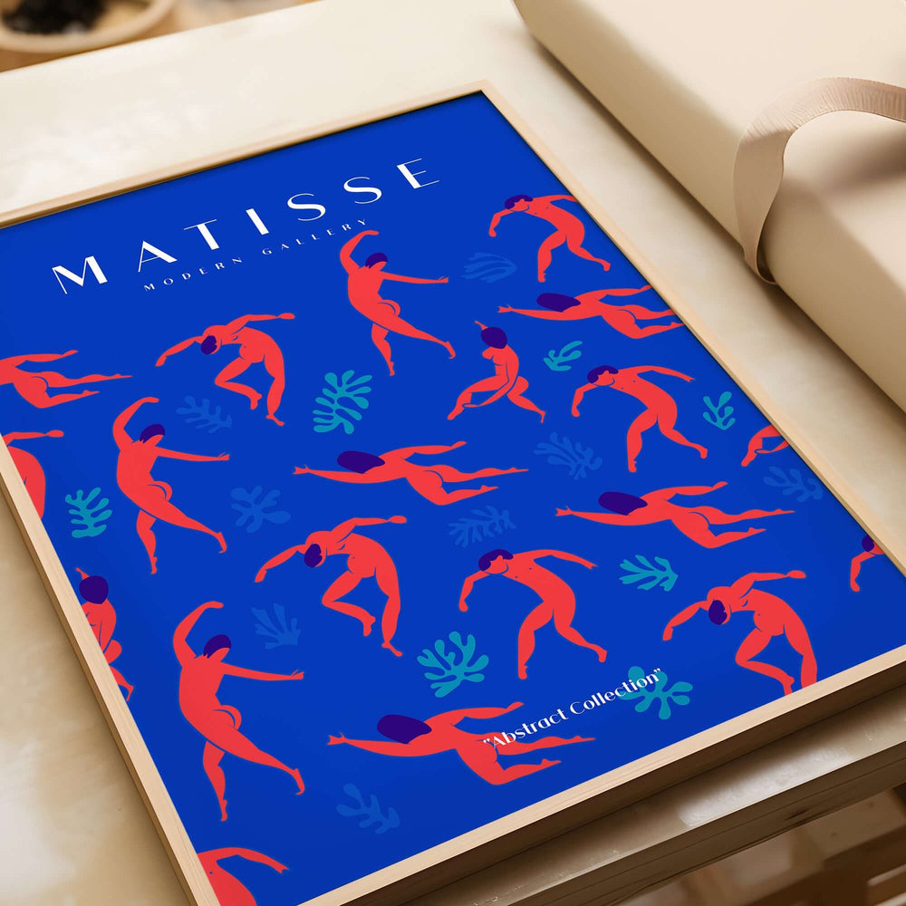 Matisse Art Prints -  Dancing Figures Pattern Red Blue Poster featuring vibrant dancers and teal leaves on blue background.