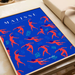 Matisse Art Prints -  Dancing Figures Pattern Red Blue Poster featuring vibrant dancers and teal leaves on blue background.