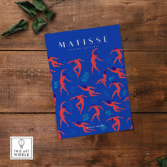 Matisse Art Prints - Dancing Figures Pattern Red Blue Poster showcasing expressive dancing figures on a vibrant blue background.