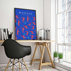 Matisse Art Prints - Dancing Figures Pattern Red Blue Poster displayed in modern workspace with black chair.