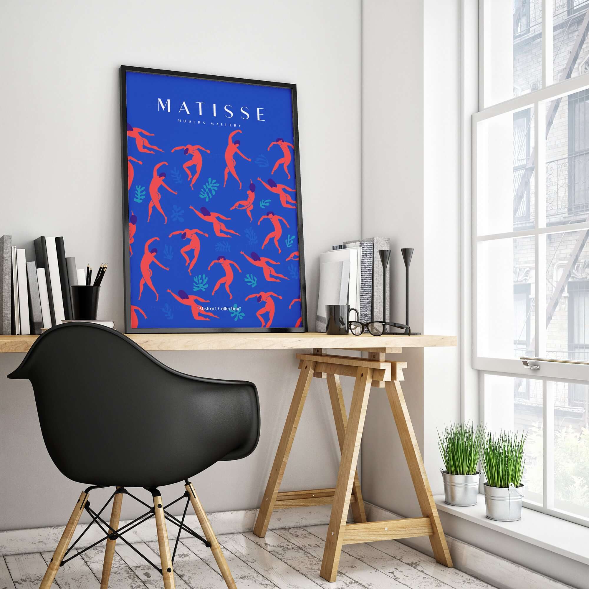 Matisse Art Prints - Dancing Figures Pattern Red Blue Poster displayed in modern workspace with black chair.