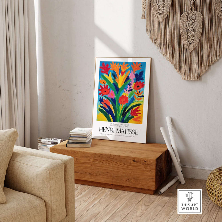 Vibrant Matisse floral art print in a modern living room setting, featuring bold colors and artistic design.