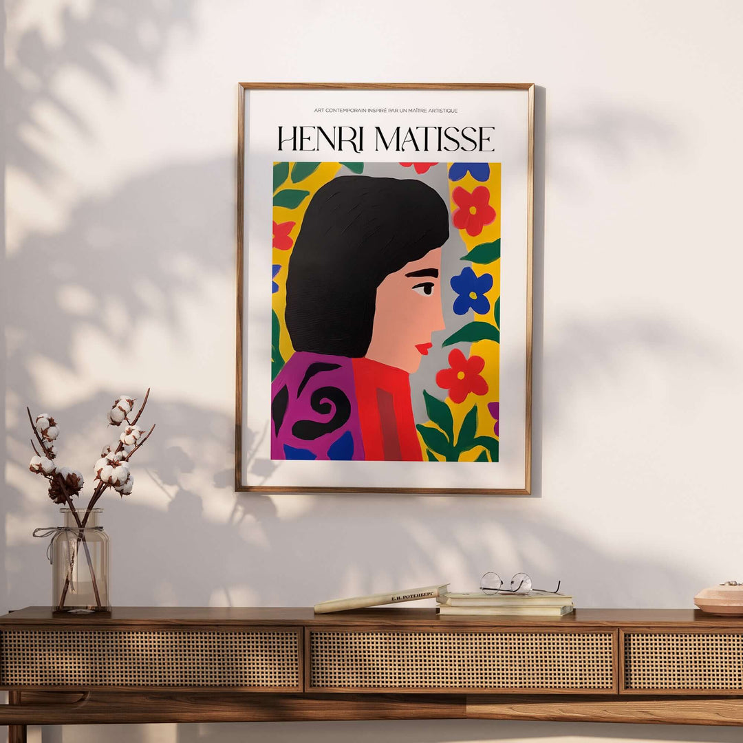 Matisse art print of a woman with floral background, vibrant colors, modern decor accent for home.