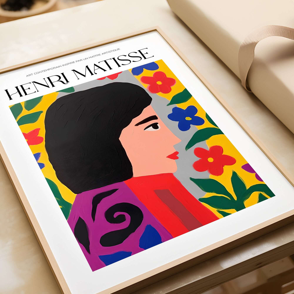Matisse Art Prints - Floral Woman vibrant portrait of a woman with colorful flowers on a bold background.
