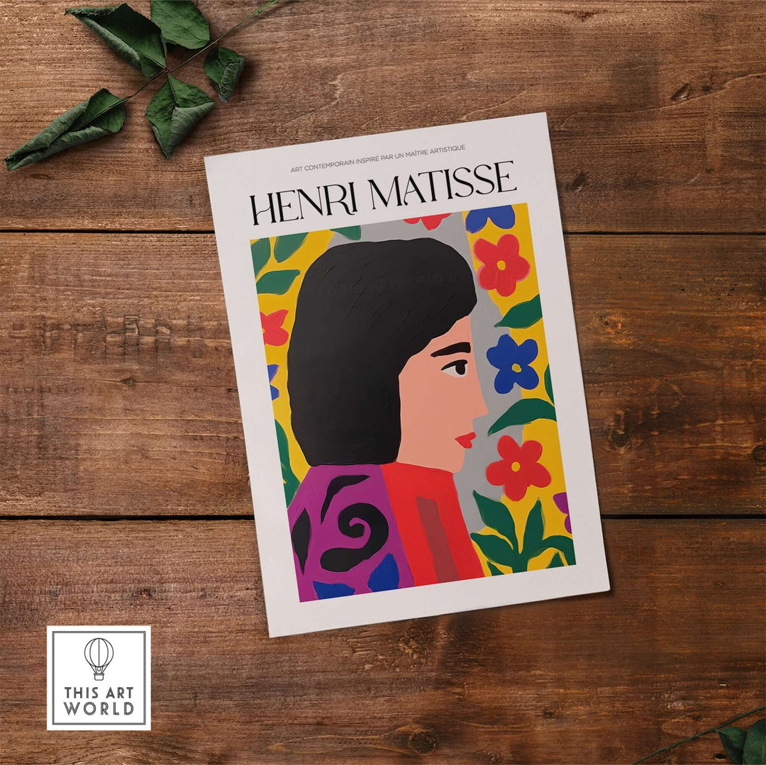 Matisse art print featuring a colorful floral background and a profile portrait of a woman in vibrant hues.