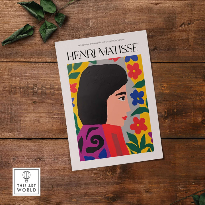 Matisse art print featuring a colorful floral background and a profile portrait of a woman in vibrant hues.