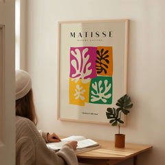Matisse Art Prints - Four Block Abstract Leaves Poster displayed in a modern setting, featuring colorful abstract leaf designs.