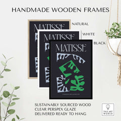 Matisse Art Print Composition Black Green White Abstract Poster 1947 framed in handmade wooden frames in natural, white, and black.
