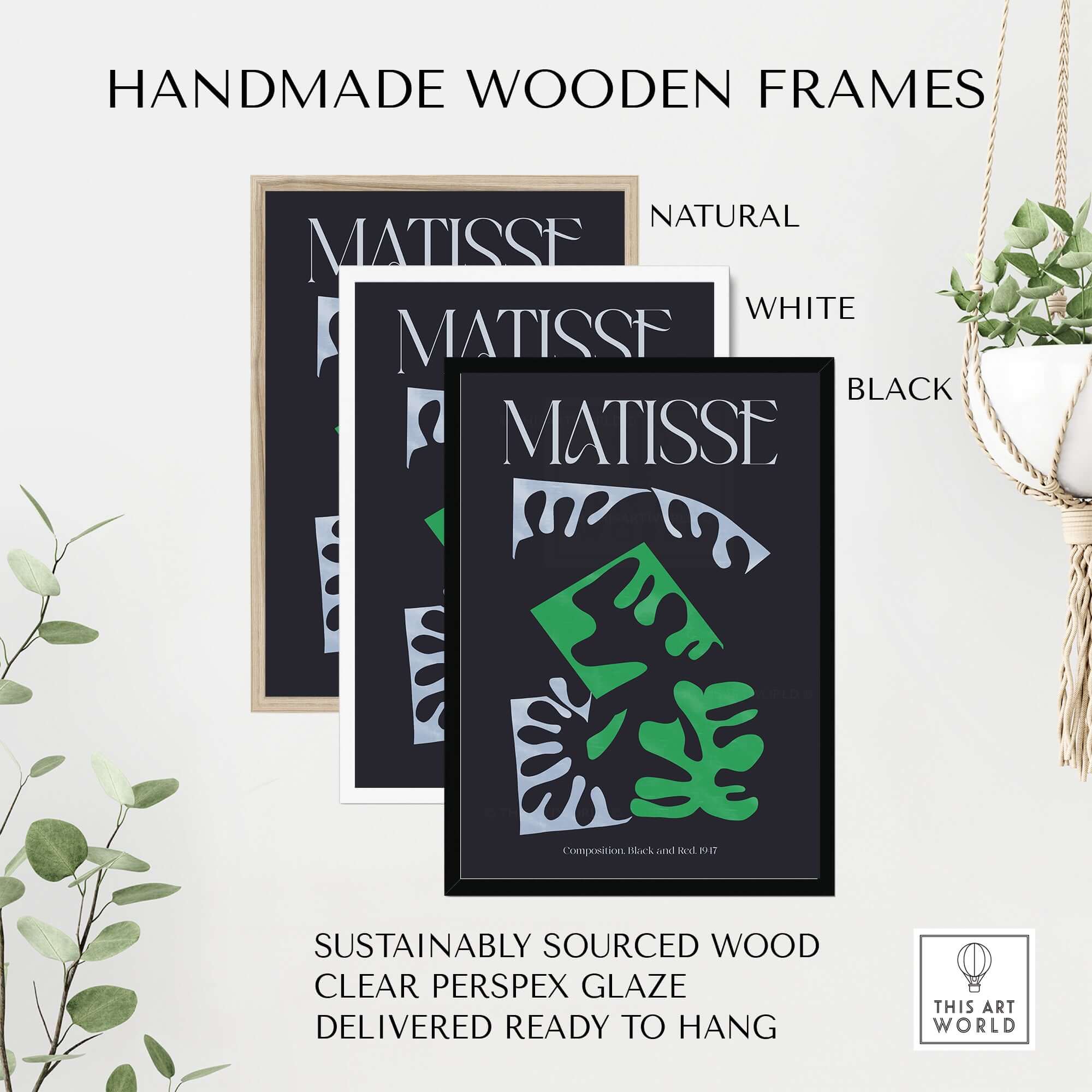 Matisse Art Print Composition Black Green White Abstract Poster 1947 framed in handmade wooden frames in natural, white, and black.