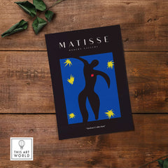 Matisse Art Prints - Icarus Black Figure with Stars Poster featuring a dynamic black figure on a vibrant blue background.