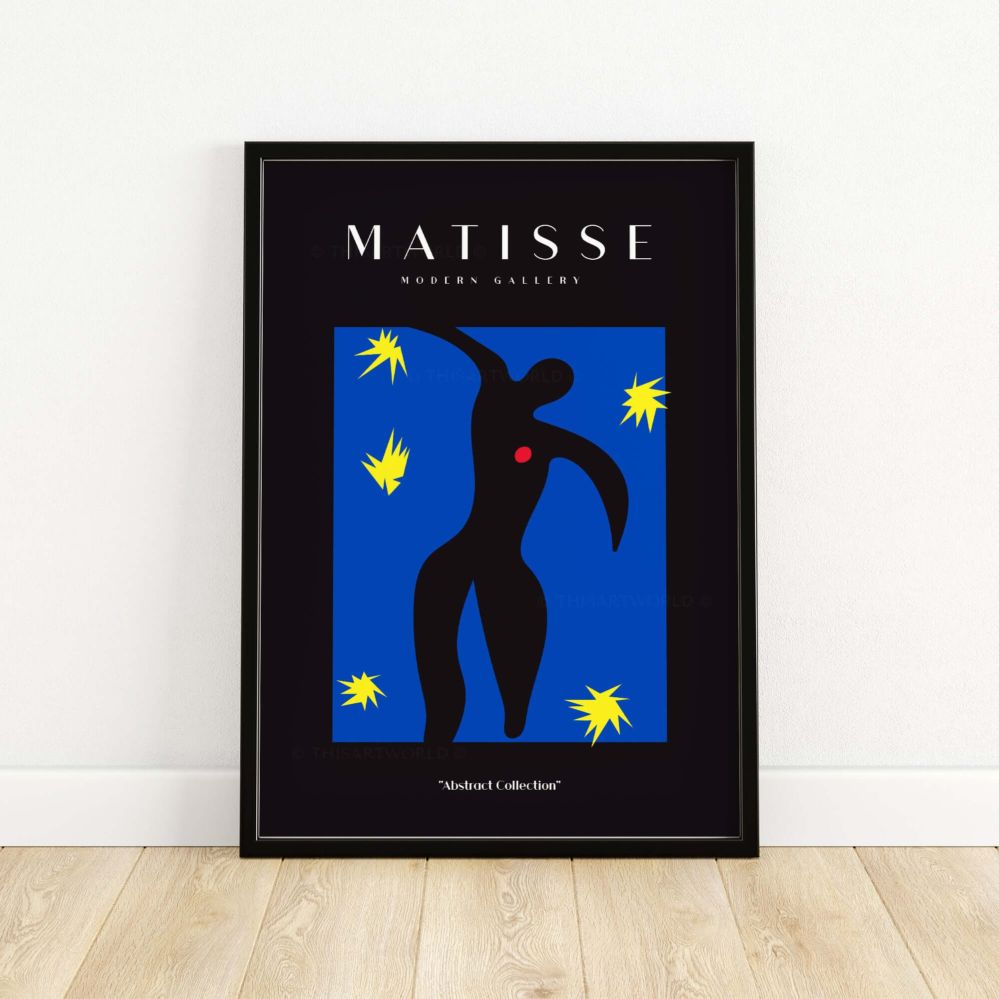 Matisse Art Prints - Icarus Black Figure with Stars Poster featuring a dynamic black figure on a vibrant blue background.