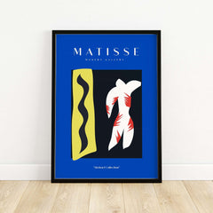 Matisse Art Prints - Icarus Jazz Abstract Art Print Blue displayed in a modern frame on a wall.