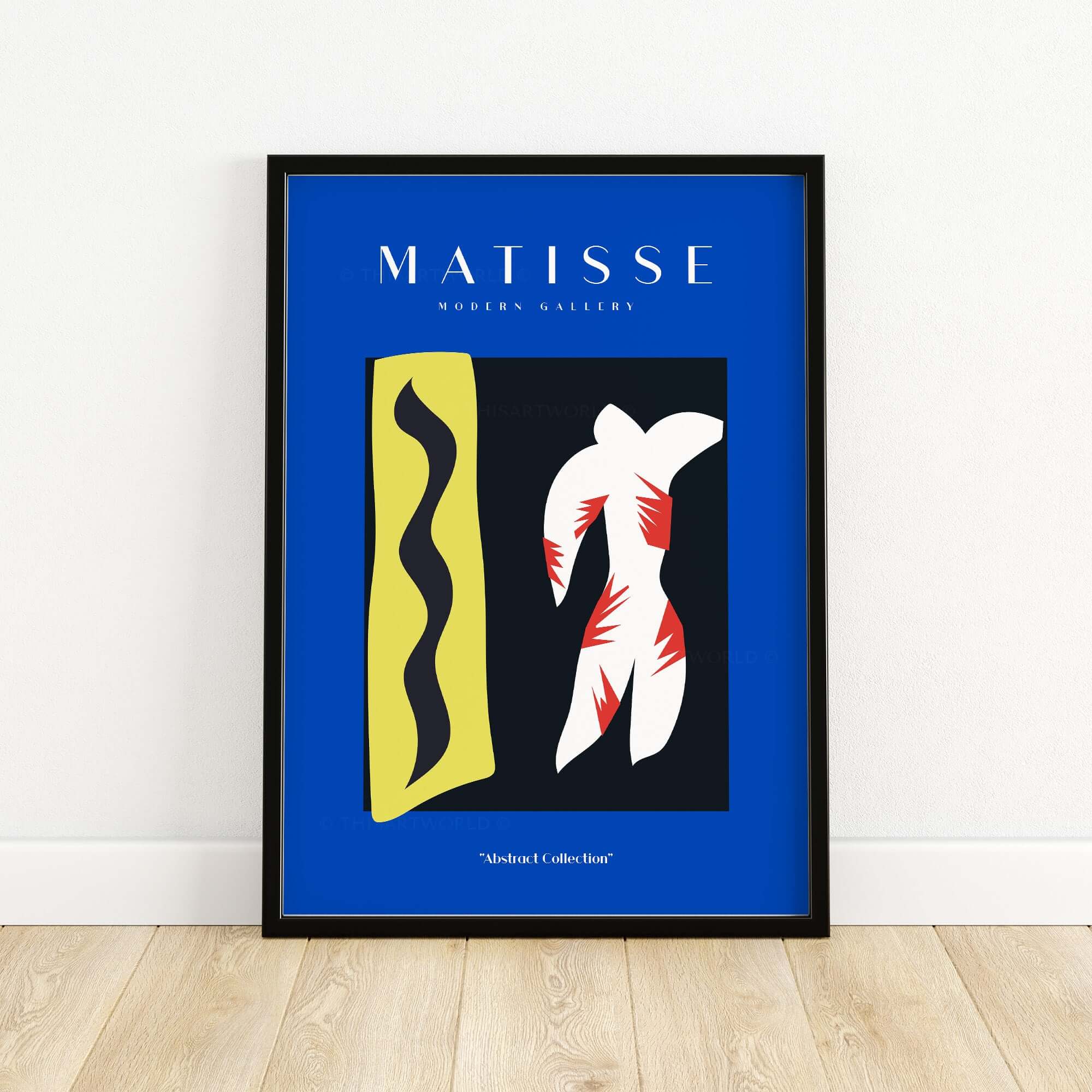 Matisse Art Prints - Icarus Jazz Abstract Art Print Blue displayed in a modern frame on a wall.