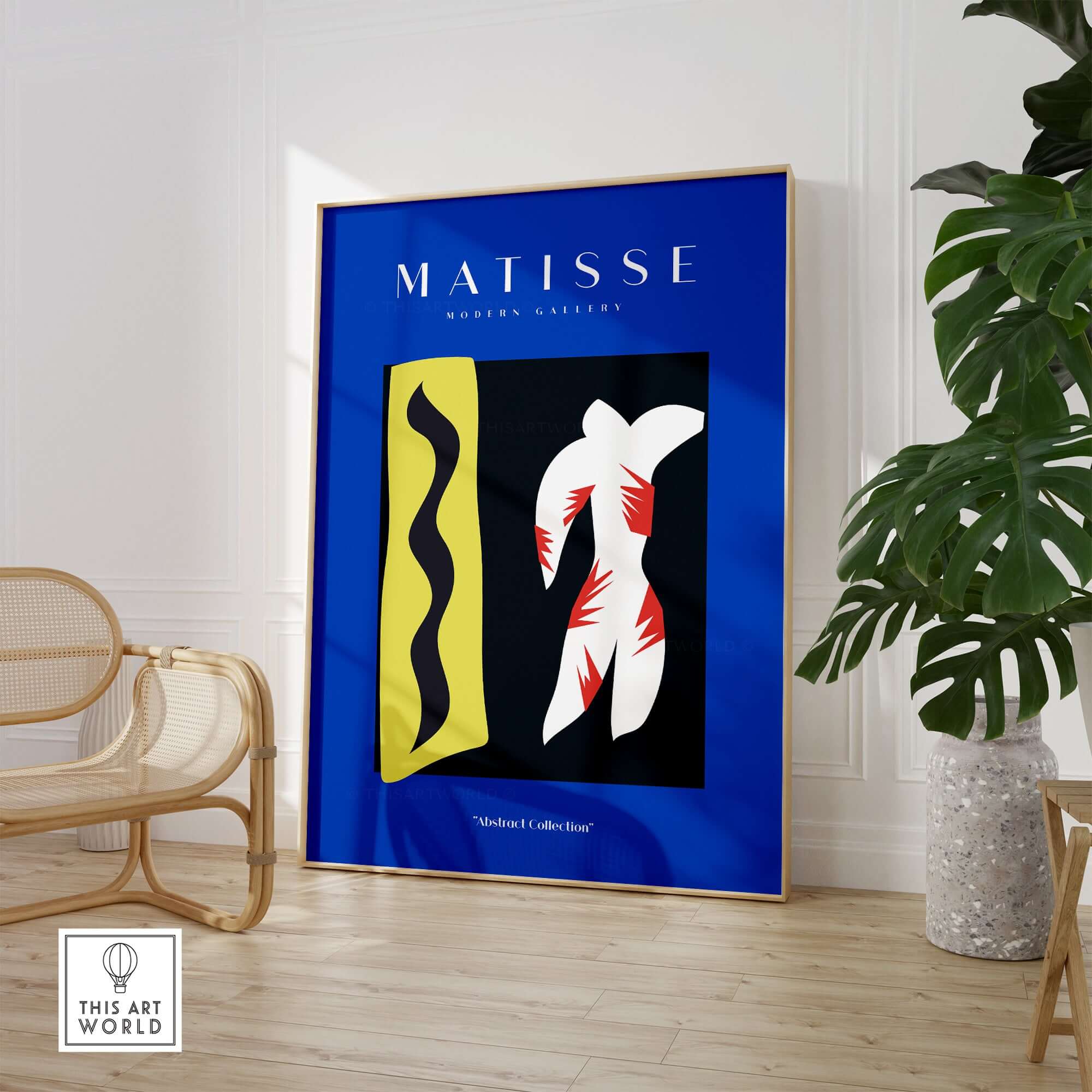Matisse Art Prints - Icarus Jazz Abstract Art Print Blue displayed in modern interior with blue background and vibrant colors.