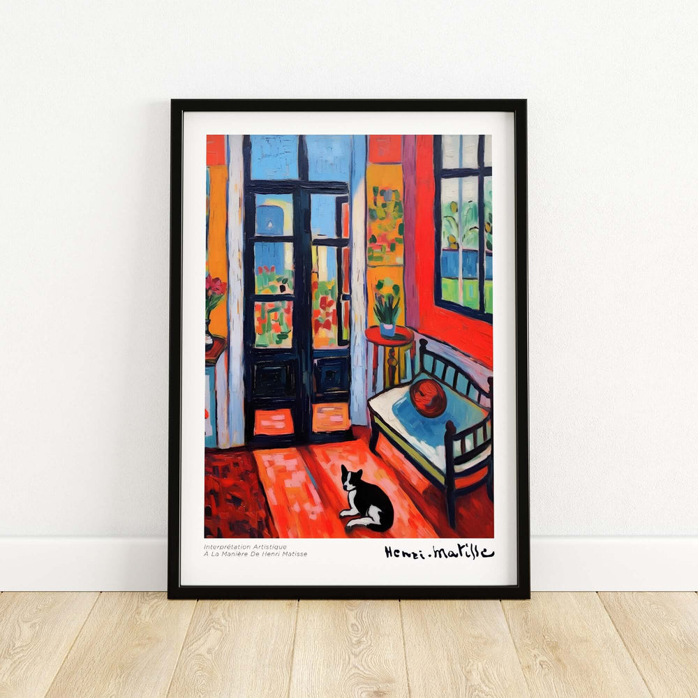 Henri Matisse art print showcasing a vibrant interior with a cat and open door, bright red walls and colorful decor.