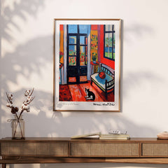 Matisse Art Prints - Interior with Cat and Open Door Poster featuring vibrant room and black cat on a bench.