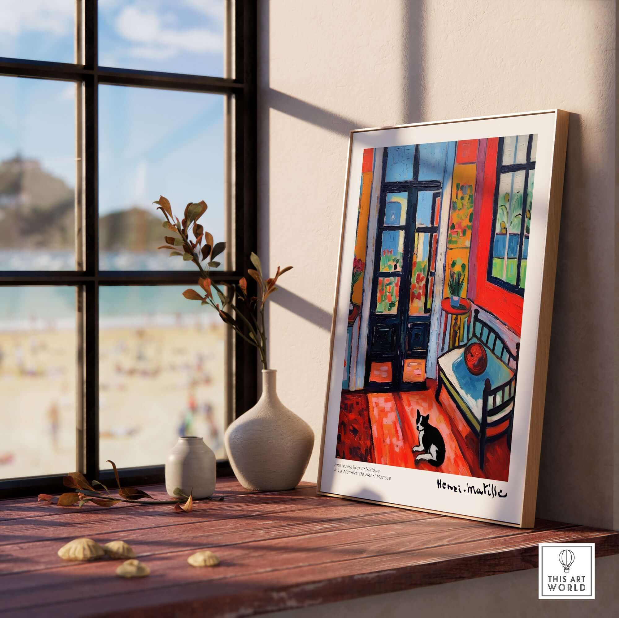 Matisse Art Prints - Interior with Cat and Open Door Poster displayed on a wooden table by a window, vibrant colors and a cat.