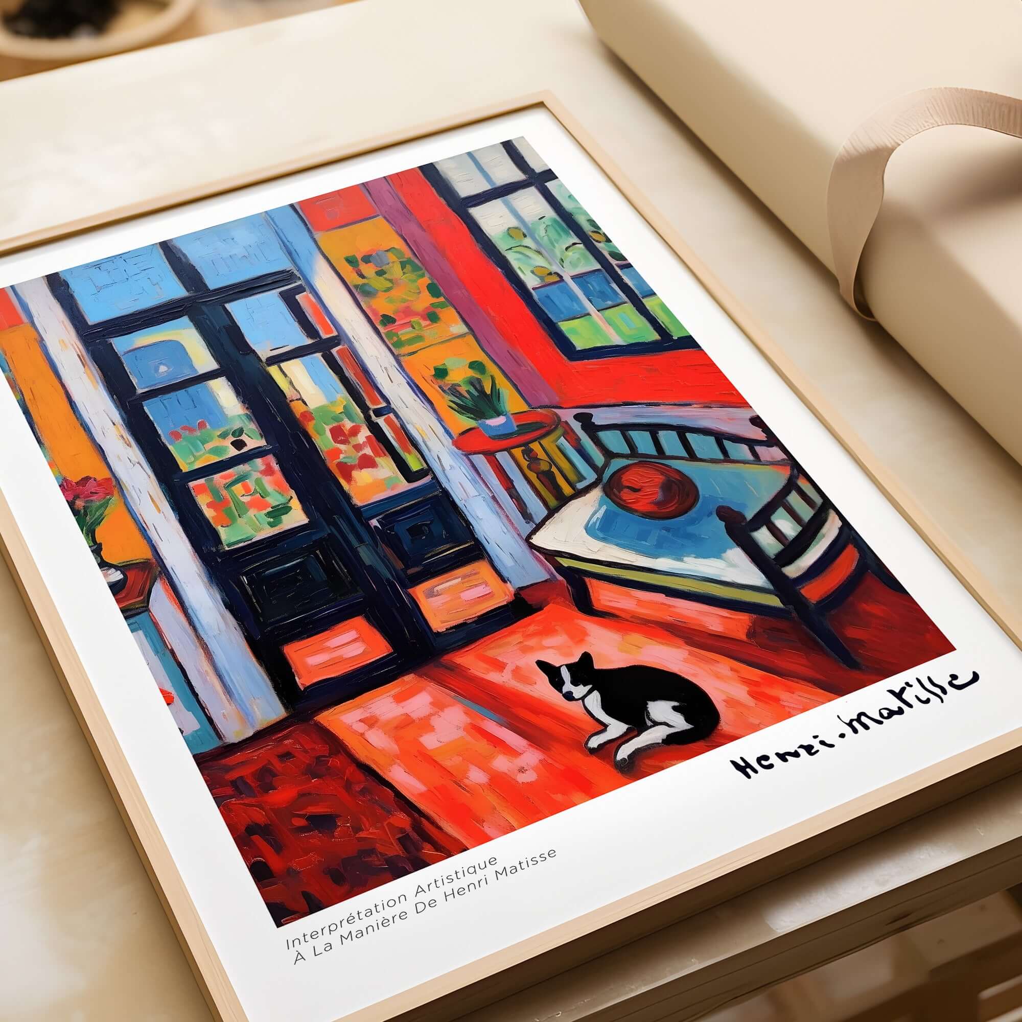 Matisse Art Prints - Interior with Cat and Open Door Poster showcasing vibrant room decor and a black and white cat.
