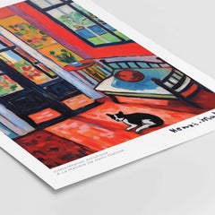 Matisse Art Prints - Interior with Cat and Open Door Poster showcasing a vibrant room with a black and white cat.