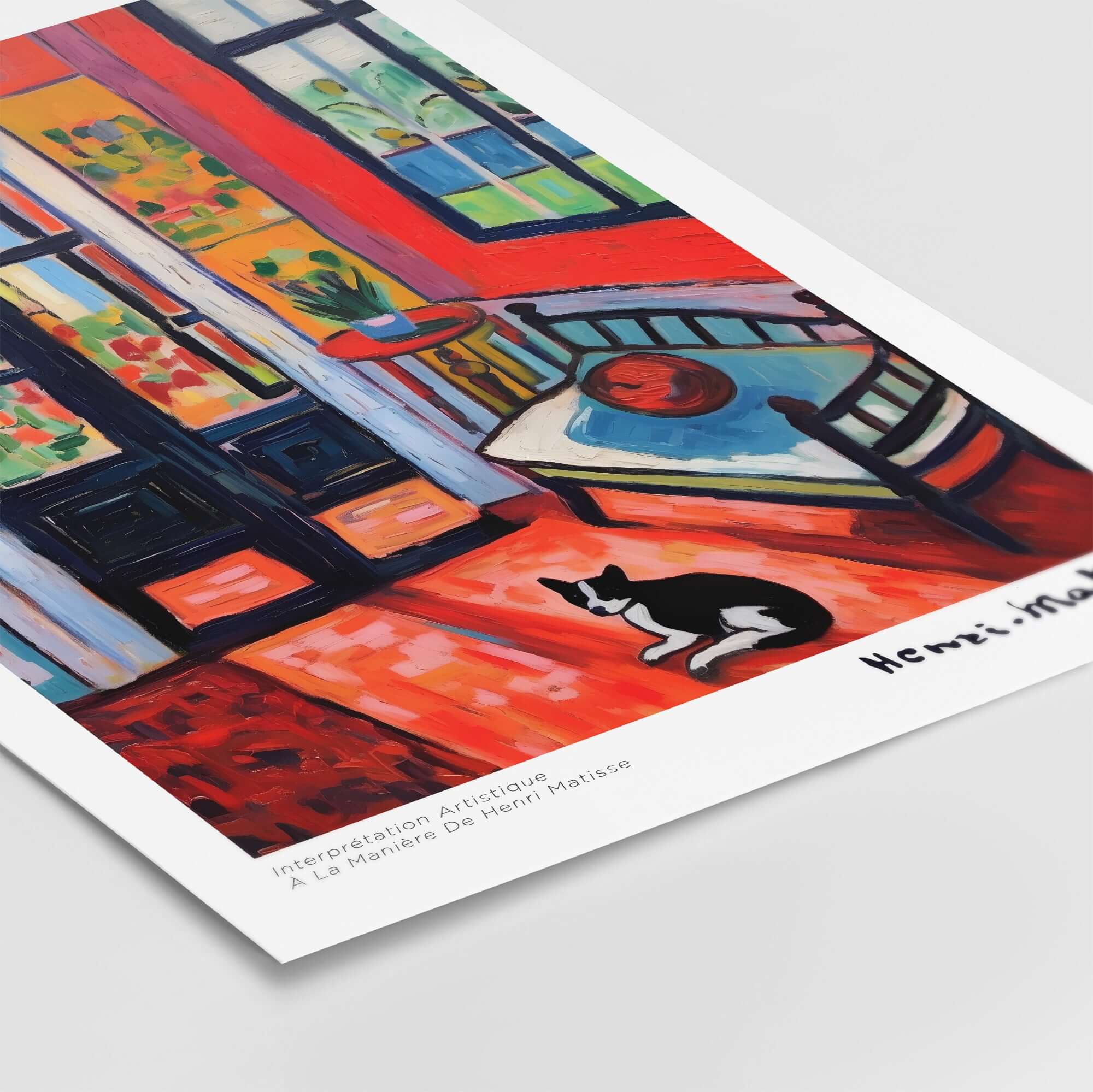 Matisse Art Prints - Interior with Cat and Open Door Poster showcasing a vibrant room with a black and white cat.