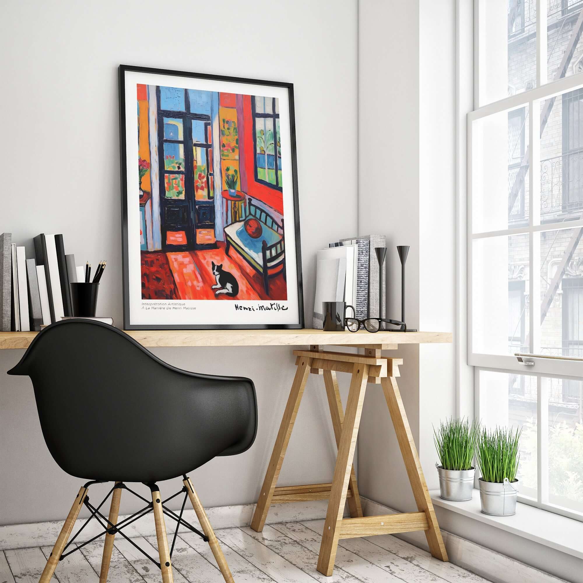 Matisse Art Prints - Interior with Cat and Open Door Poster displayed in a modern workspace.