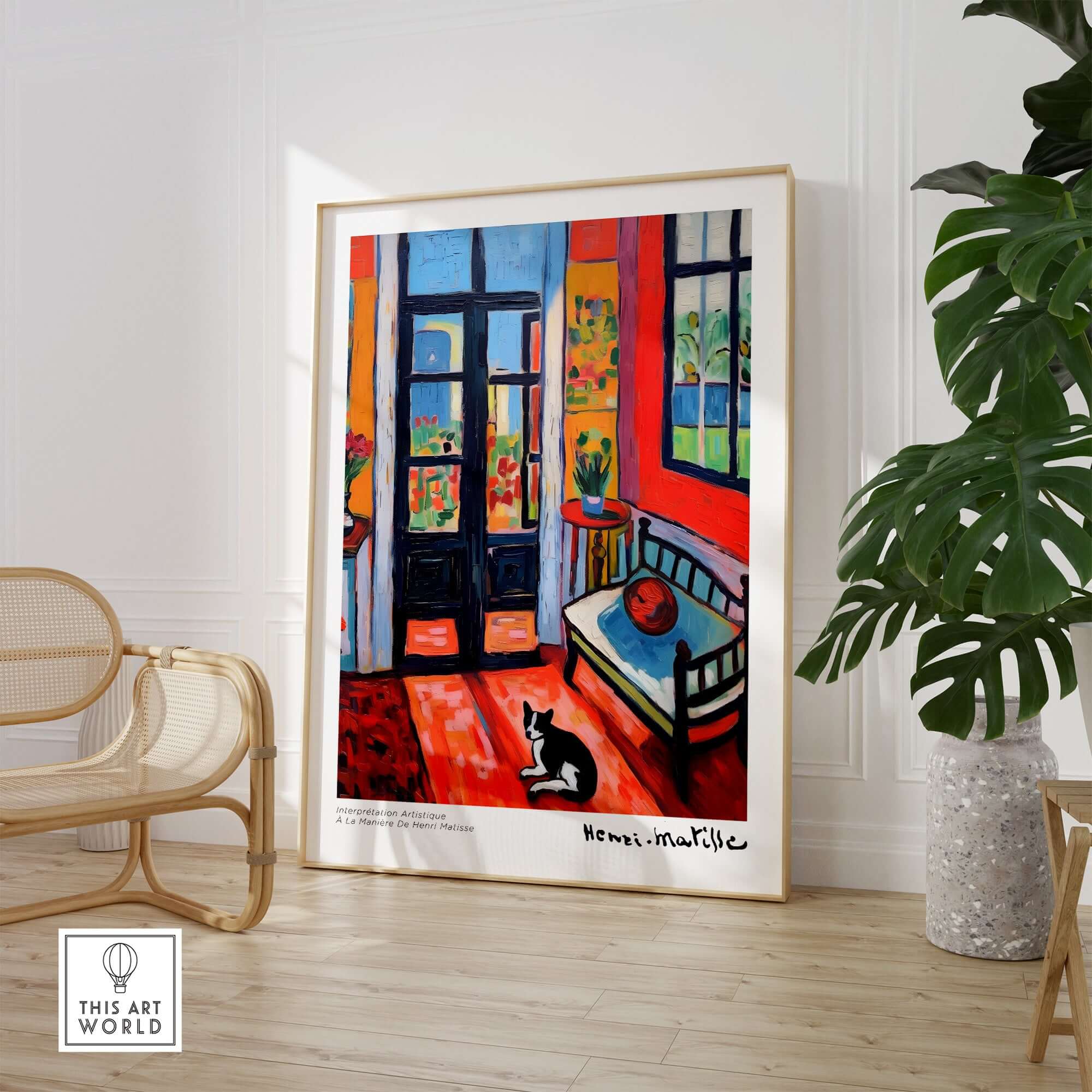 Matisse Art Prints - Interior with Cat and Open Door Poster displayed in a bright room with vibrant decor.