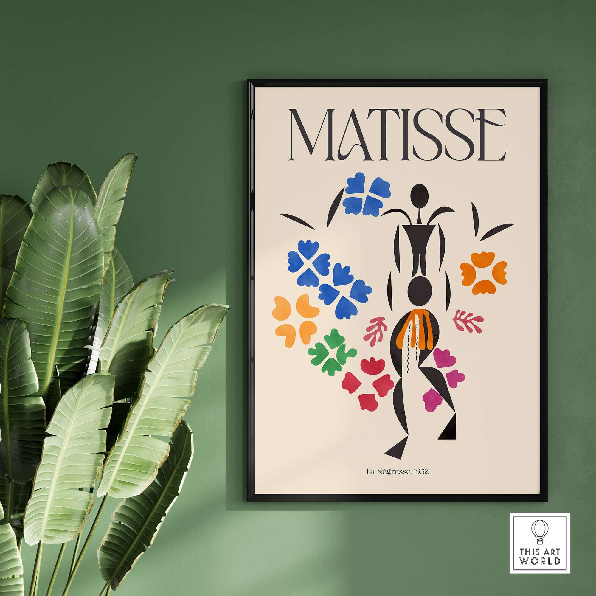 Matisse Art Print - La Négresse 1952 Poster depicting a black abstract figure with colorful floral shapes on a green wall.
