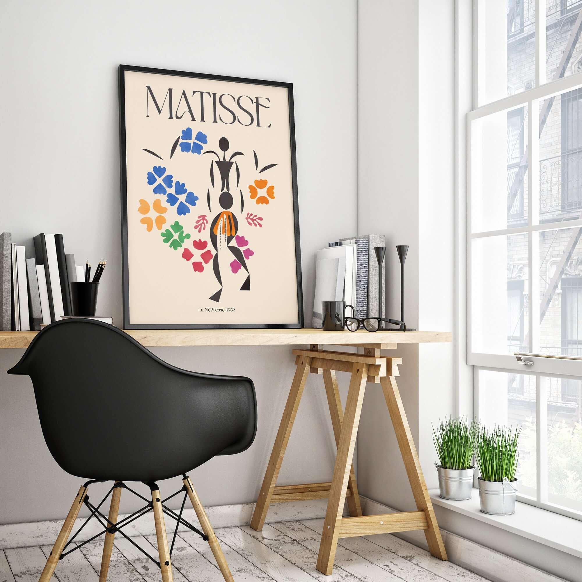 Matisse Art Print - La Négresse 1952 Poster displayed in a modern workspace with stylish decor.