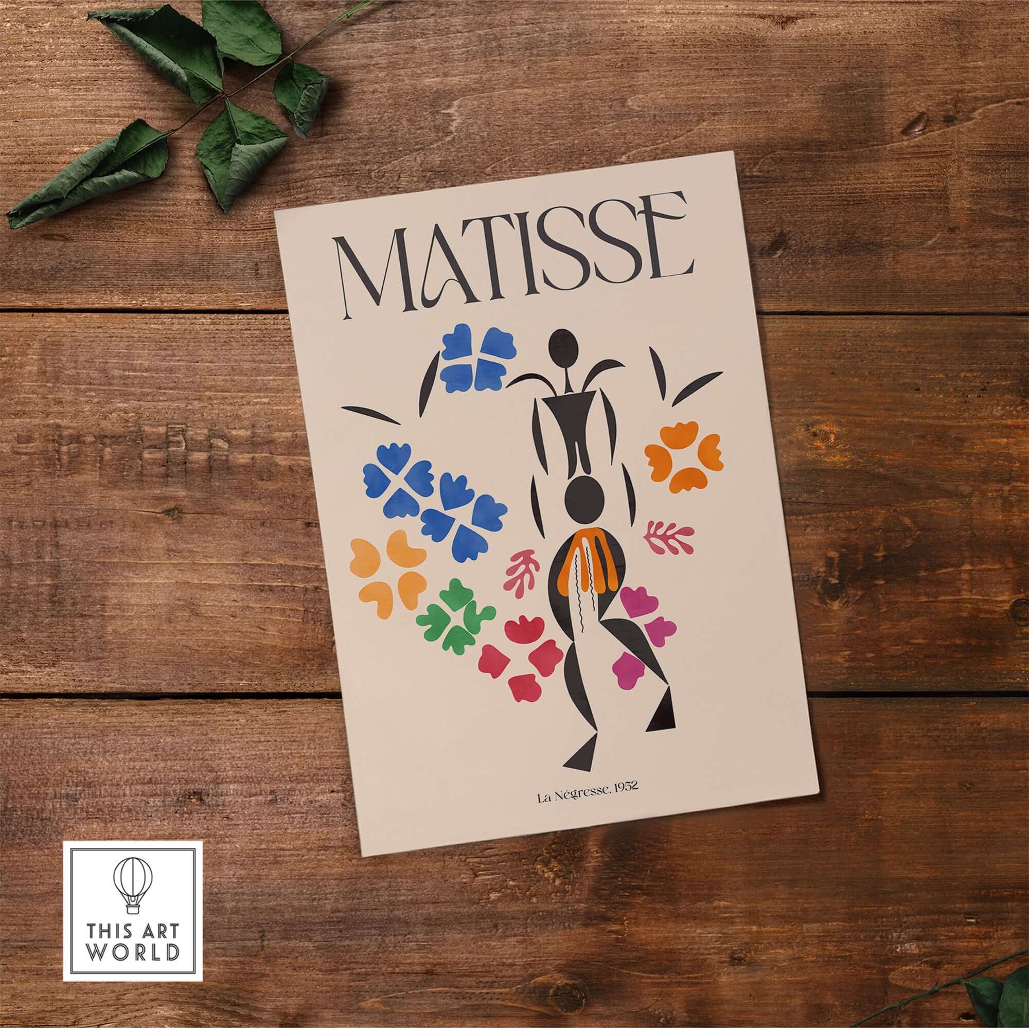 Matisse Art Print - La Négresse 1952 Poster featuring vibrant colors and abstract figures on a wooden background.