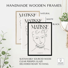 Matisse Art Print La Pompadour 1951 Minimalist Line Drawing Poster in handmade wooden frames in natural, white, and black.