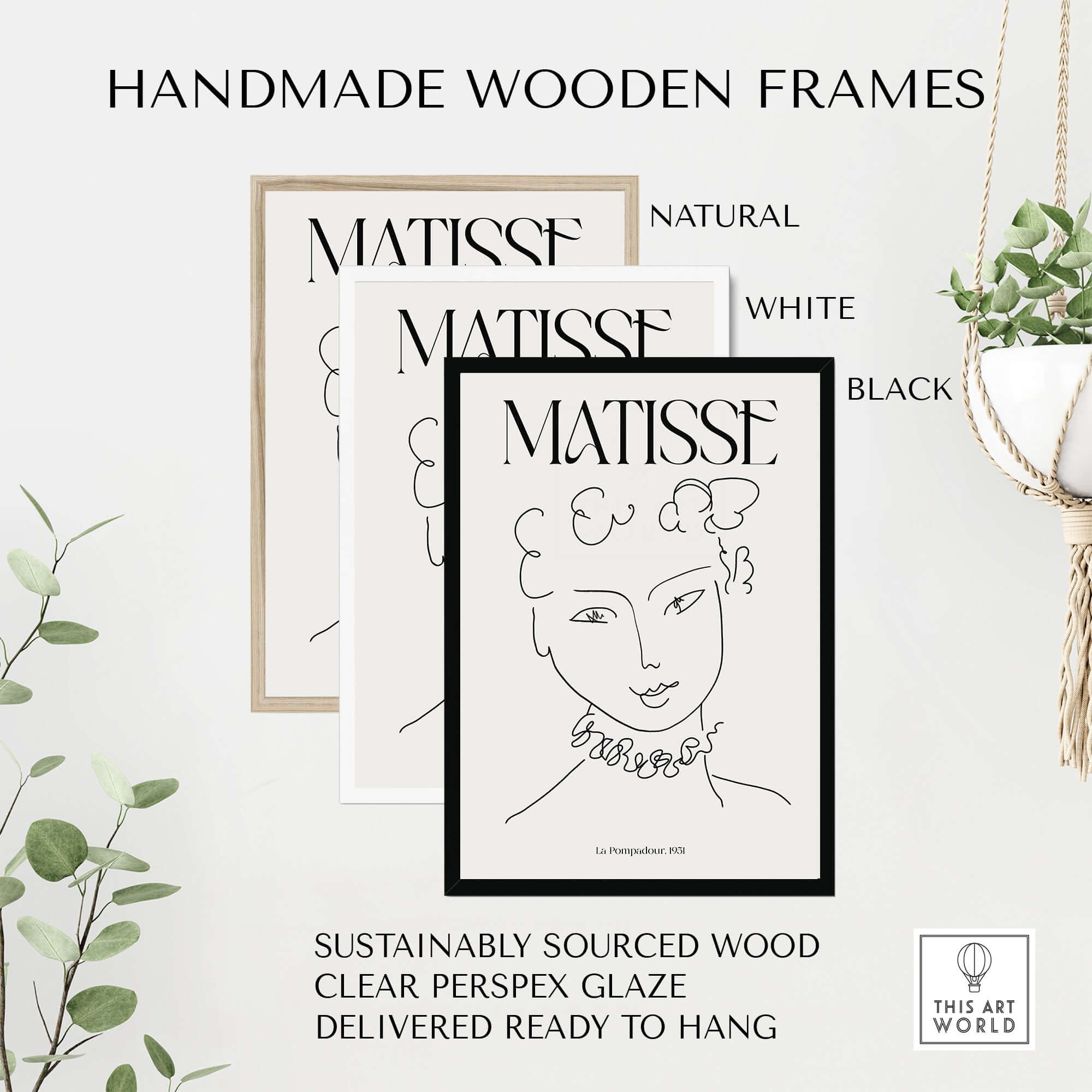 Matisse Art Print La Pompadour 1951 Minimalist Line Drawing Poster in handmade wooden frames in natural, white, and black.