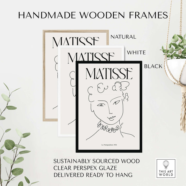 Handmade wooden frames in natural, white, and black for Matisse art prints, made from sustainably sourced wood.