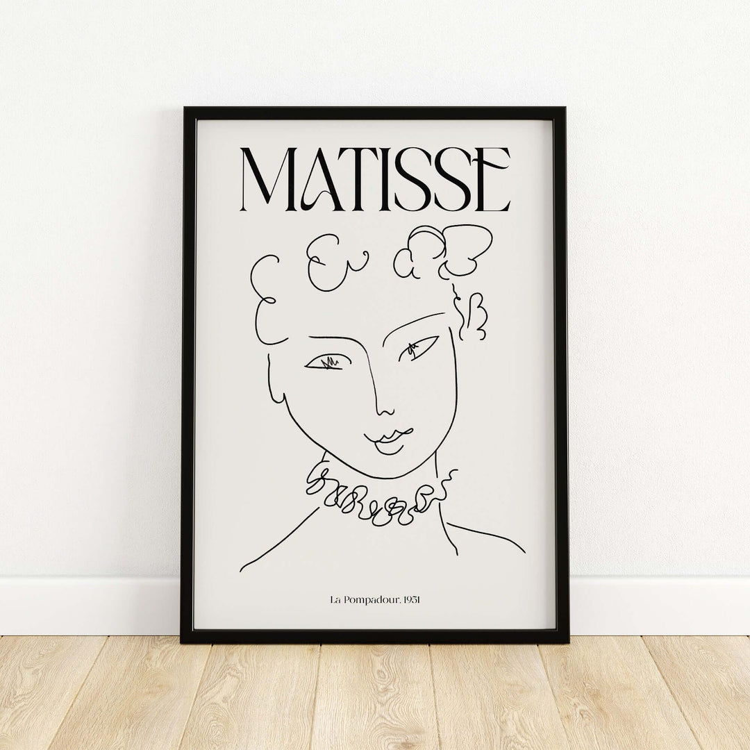 Matisse Art Print 'La Pompadour' 1951, minimalist line drawing of a female portrait in a simple black frame.
