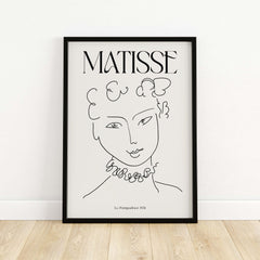 Matisse Art Print La Pompadour 1951 Minimalist Line Drawing Poster featuring elegant line drawing of a female portrait.