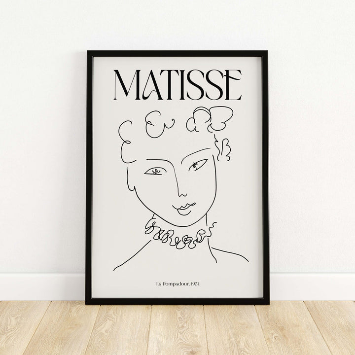 Matisse Art Print 'La Pompadour' 1951, minimalist line drawing of a female portrait in a simple black frame.