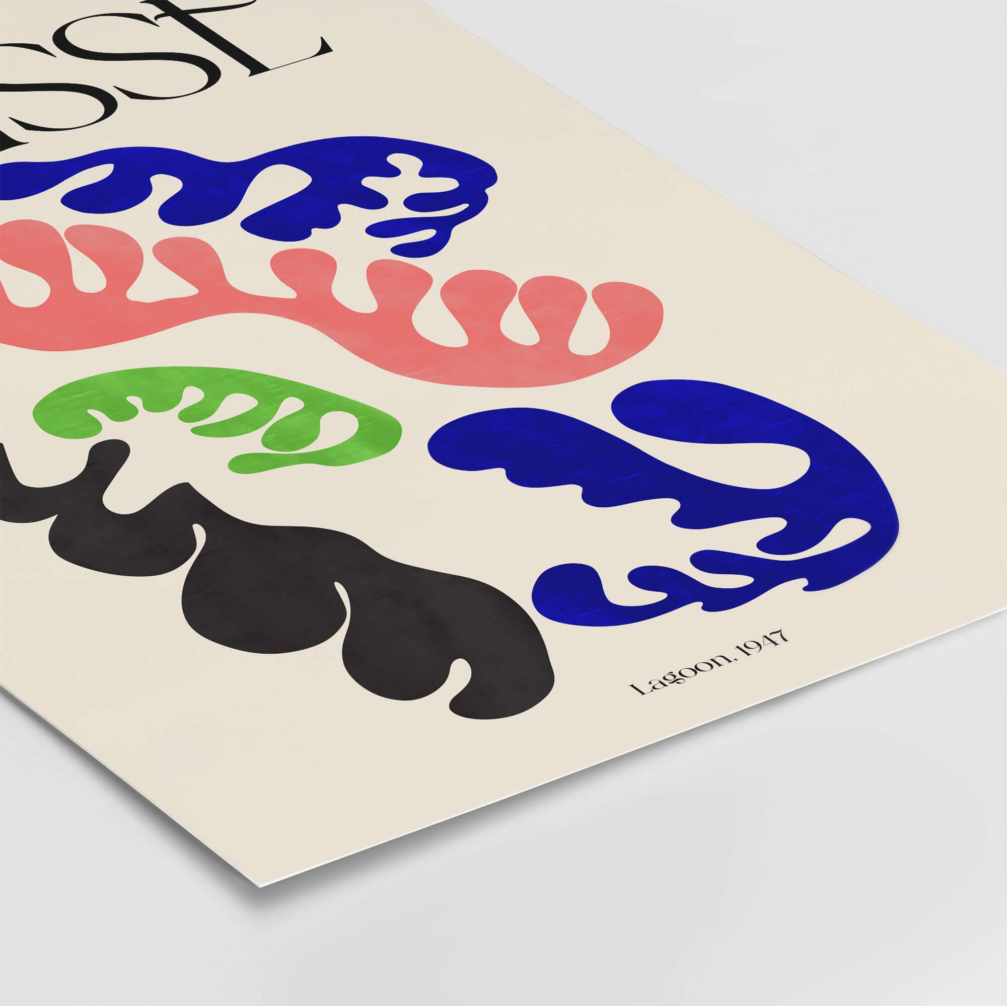 Matisse Art Print Lagoon 1947 Abstract Organic Shapes Wall Art Print featuring vibrant cut-out shapes in pink, blue, green, and black.