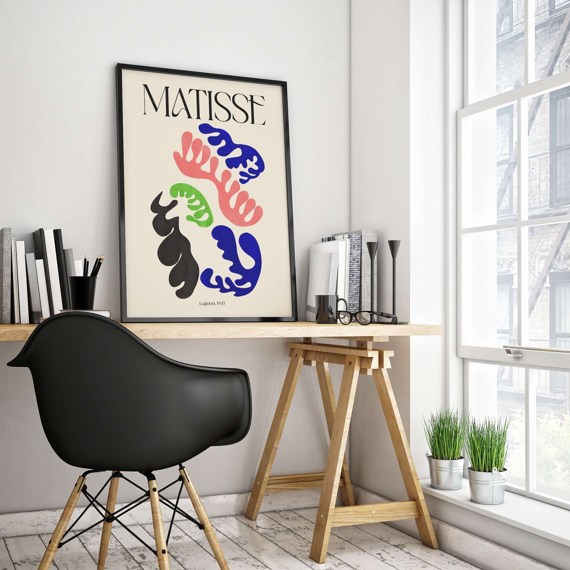 Matisse Art Print Lagoon 1947 Abstract Organic Shapes Wall Art Print displayed in a modern workspace setting.